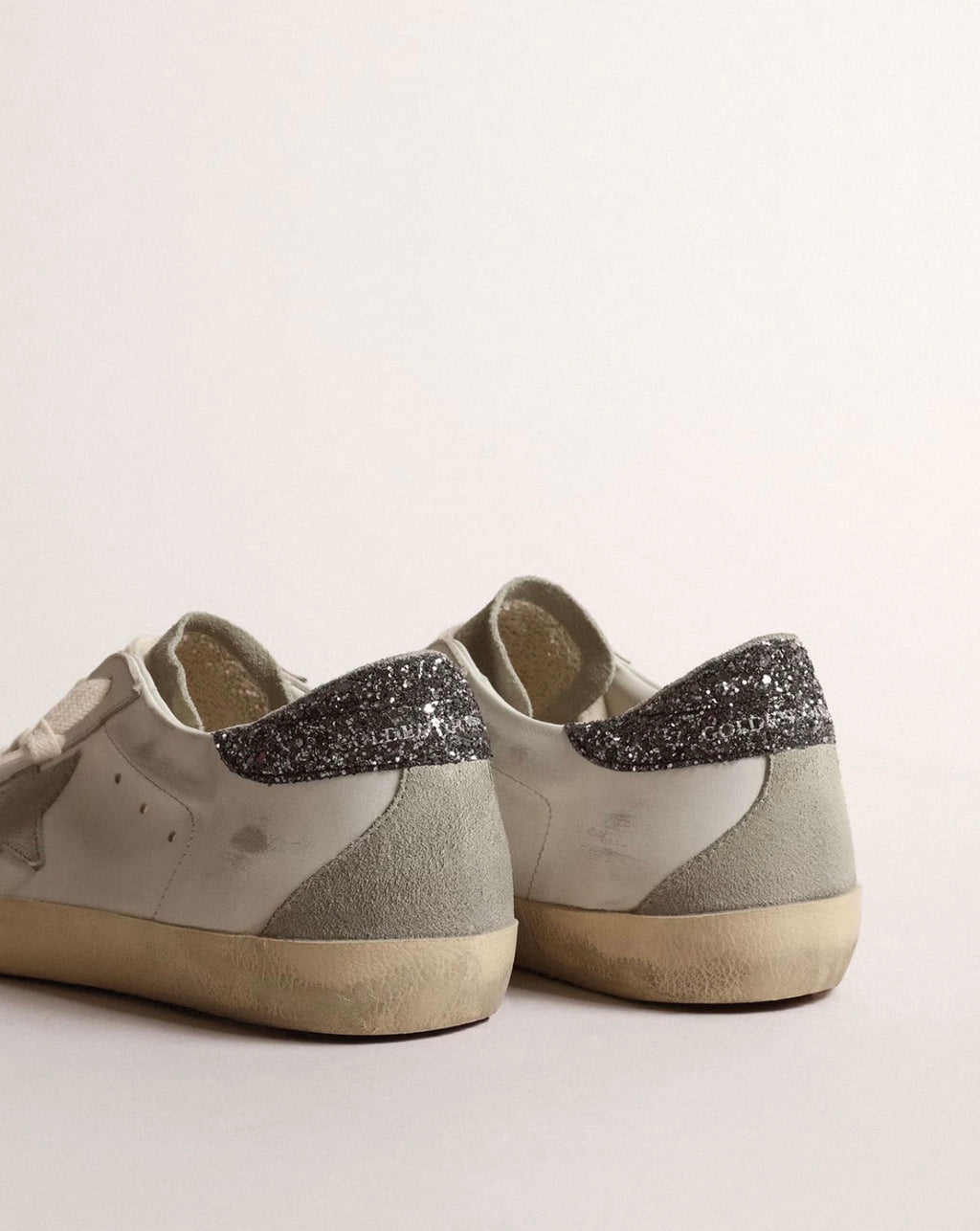 Golden Goose GGDB Women's Super-Star with gray star and dark gray glitter heel tab