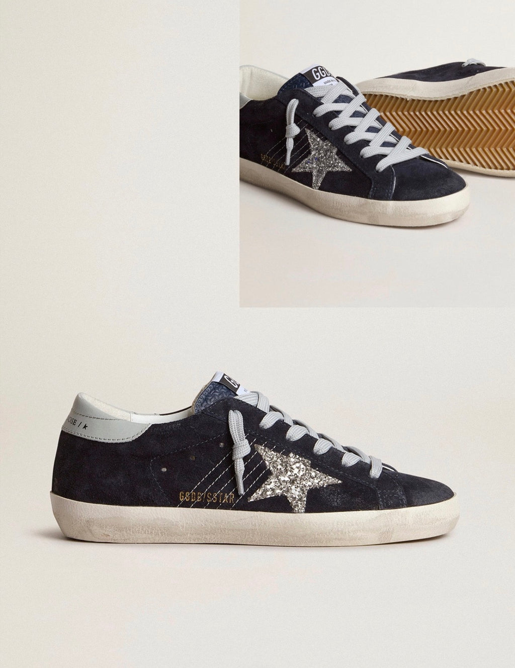 Golden Goose GGDB Women's Super-Star in blue suede, silver glitter star and leather heel tab