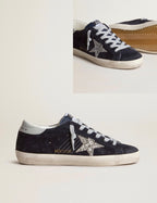 Golden Goose GGDB Women's Super-Star in blue suede, silver glitter star and leather heel tab