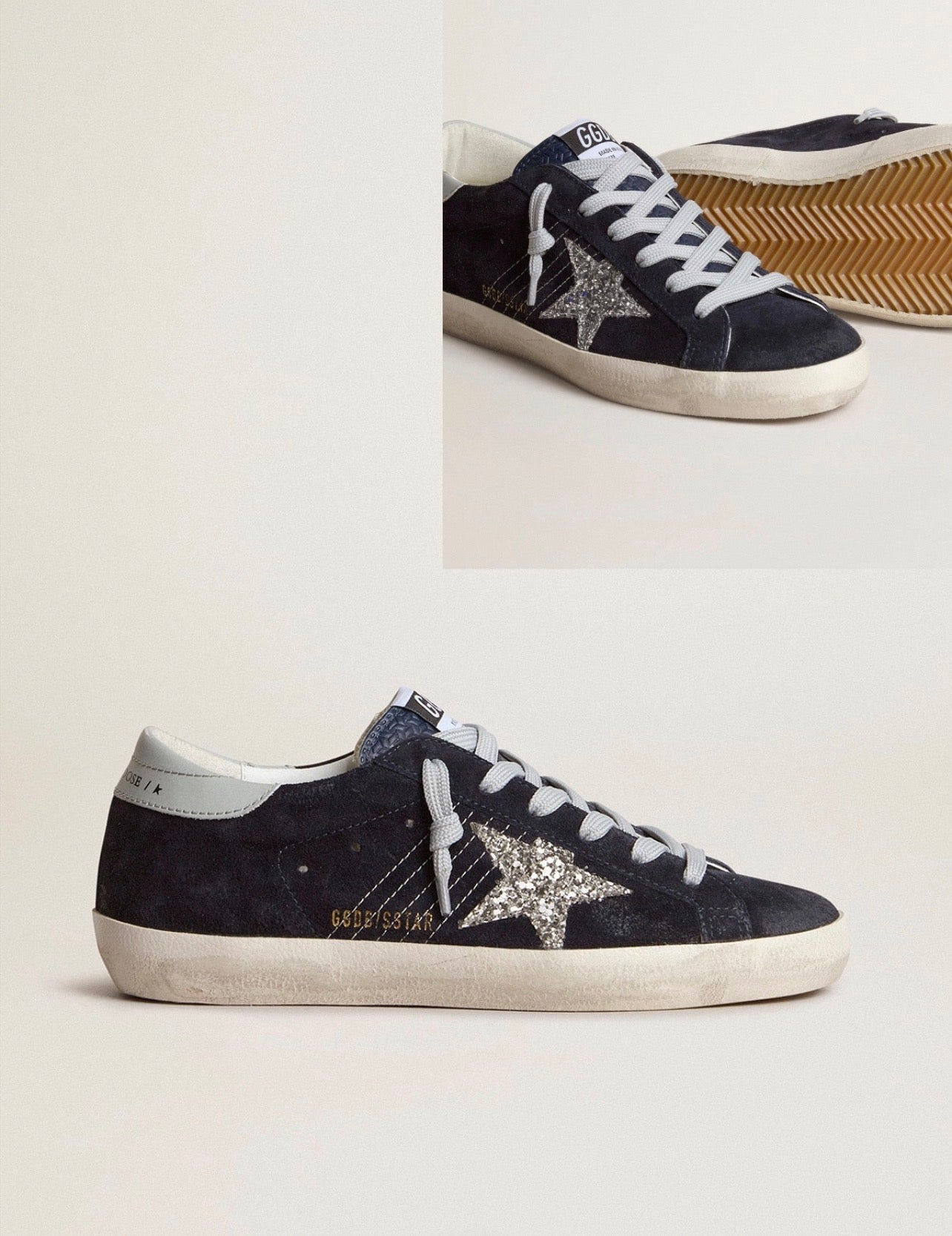 Golden Goose GGDB Women's Super-Star in blue suede, silver glitter star and leather heel tab