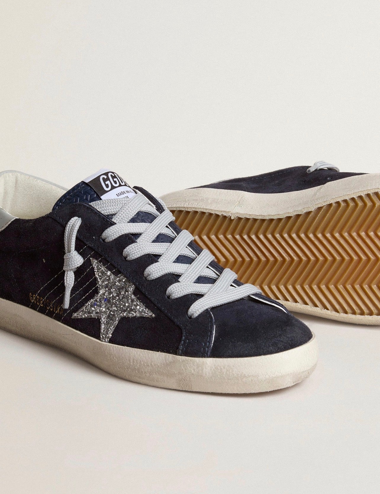 Golden Goose GGDB Women's Super-Star in blue suede, silver glitter star and leather heel tab