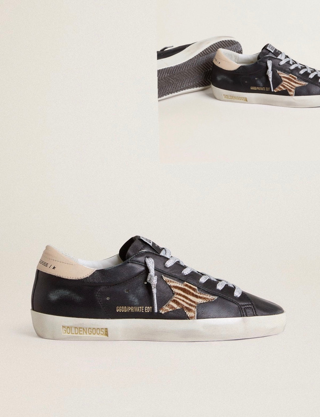 Golden Goose GGDB Women's Super-Star in black nappa leather with zebra-print pony skin star and beige heel tab
