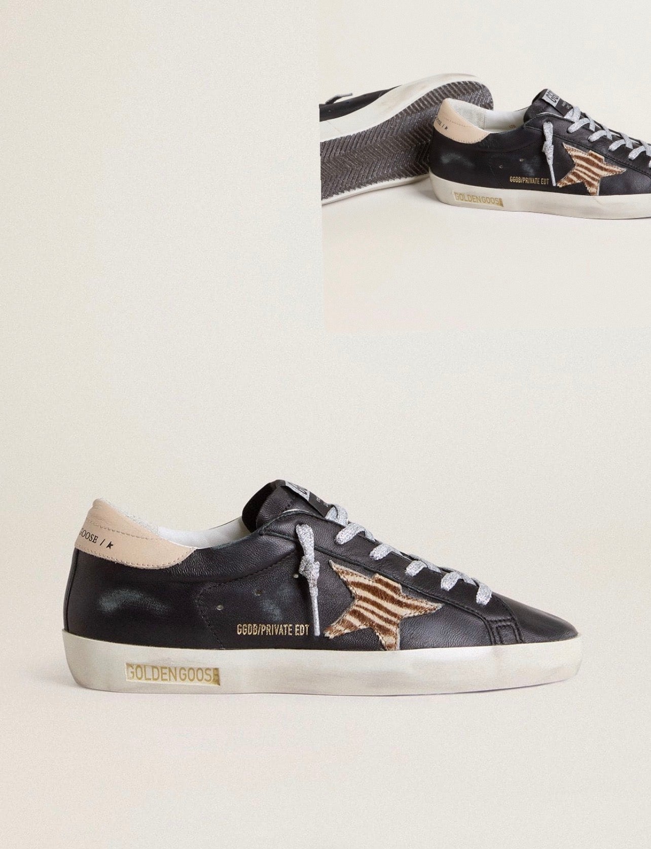 Golden Goose GGDB Women's Super-Star in black nappa leather with zebra-print pony skin star and beige heel tab