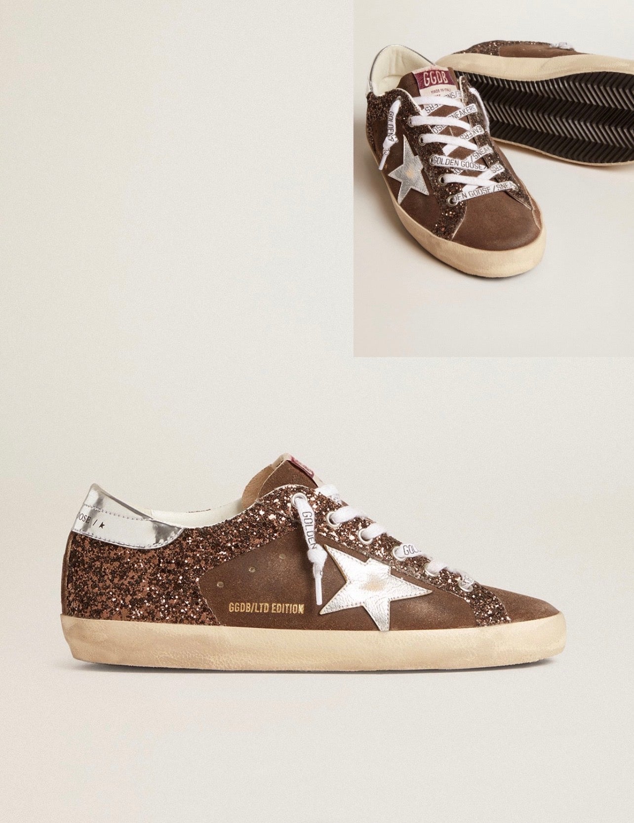 Golden Goose GGDB Women's Super-Star LTD in brown glitter and suede with leather star and heel tab