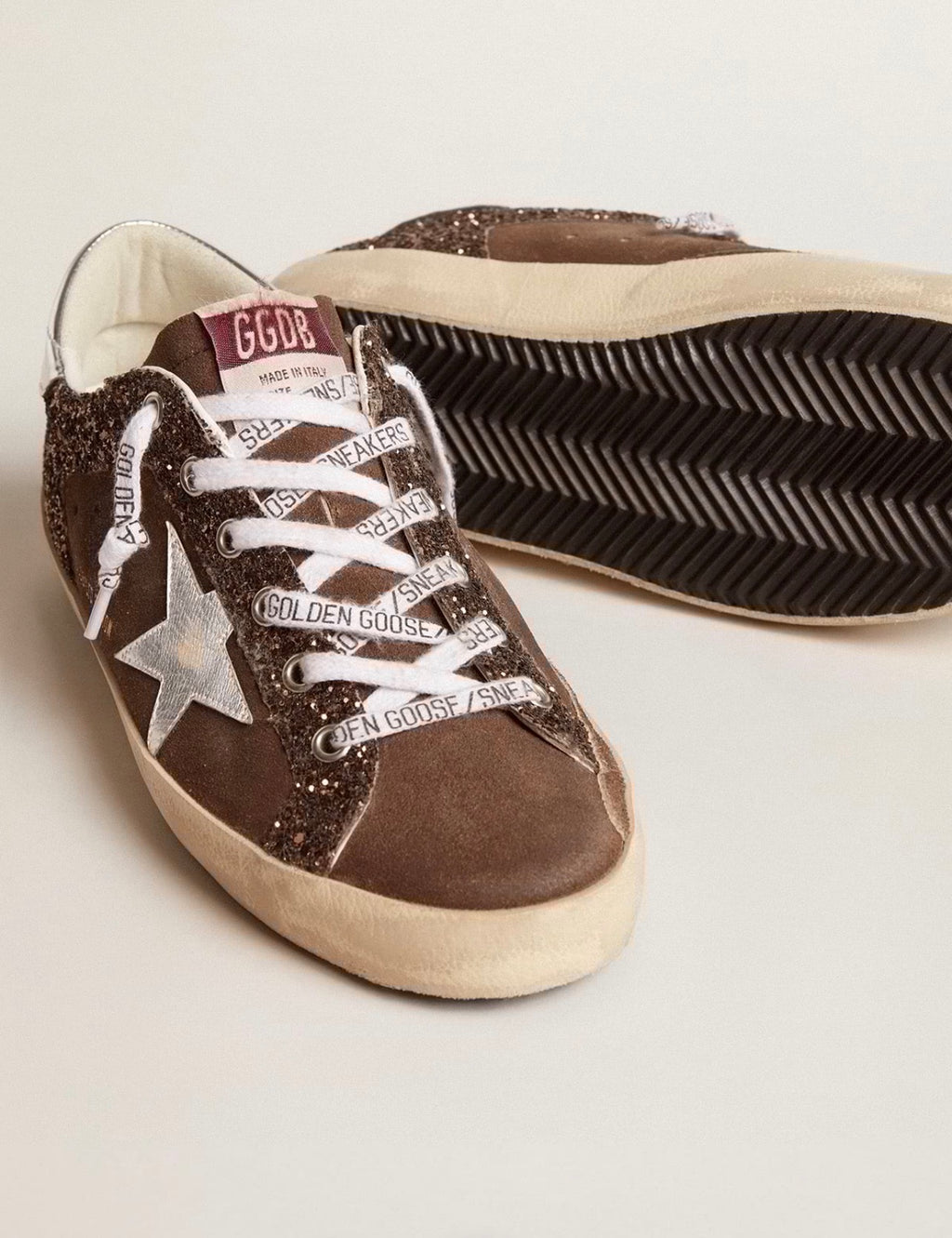 Golden Goose GGDB Women's Super-Star LTD in brown glitter and suede with leather star and heel tab