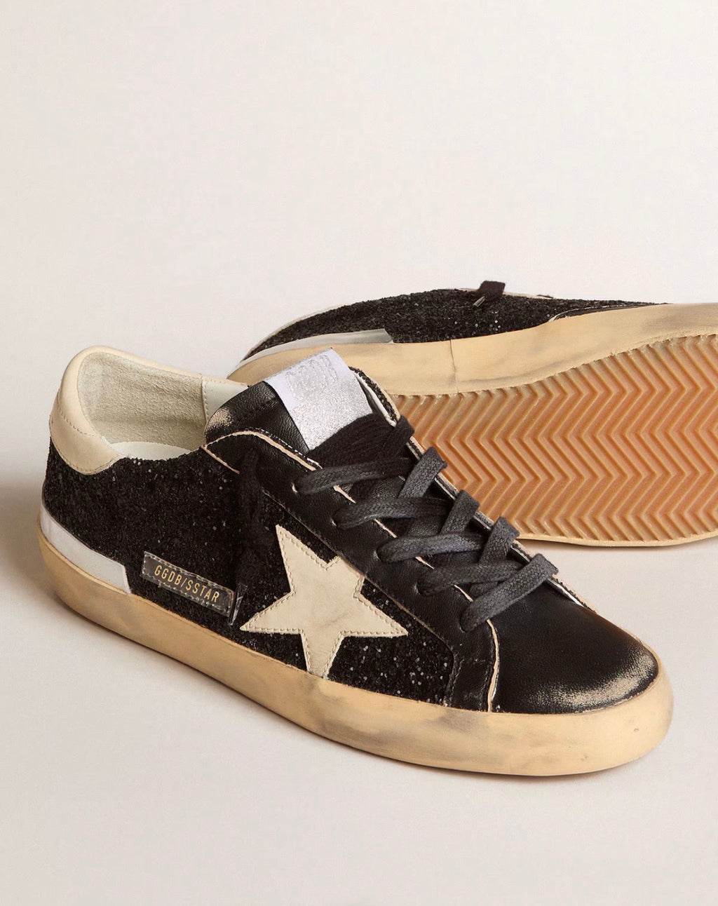 Golden Goose GGDB Women's Super-Star in black glitter and nappa with cream leather star and heel tab