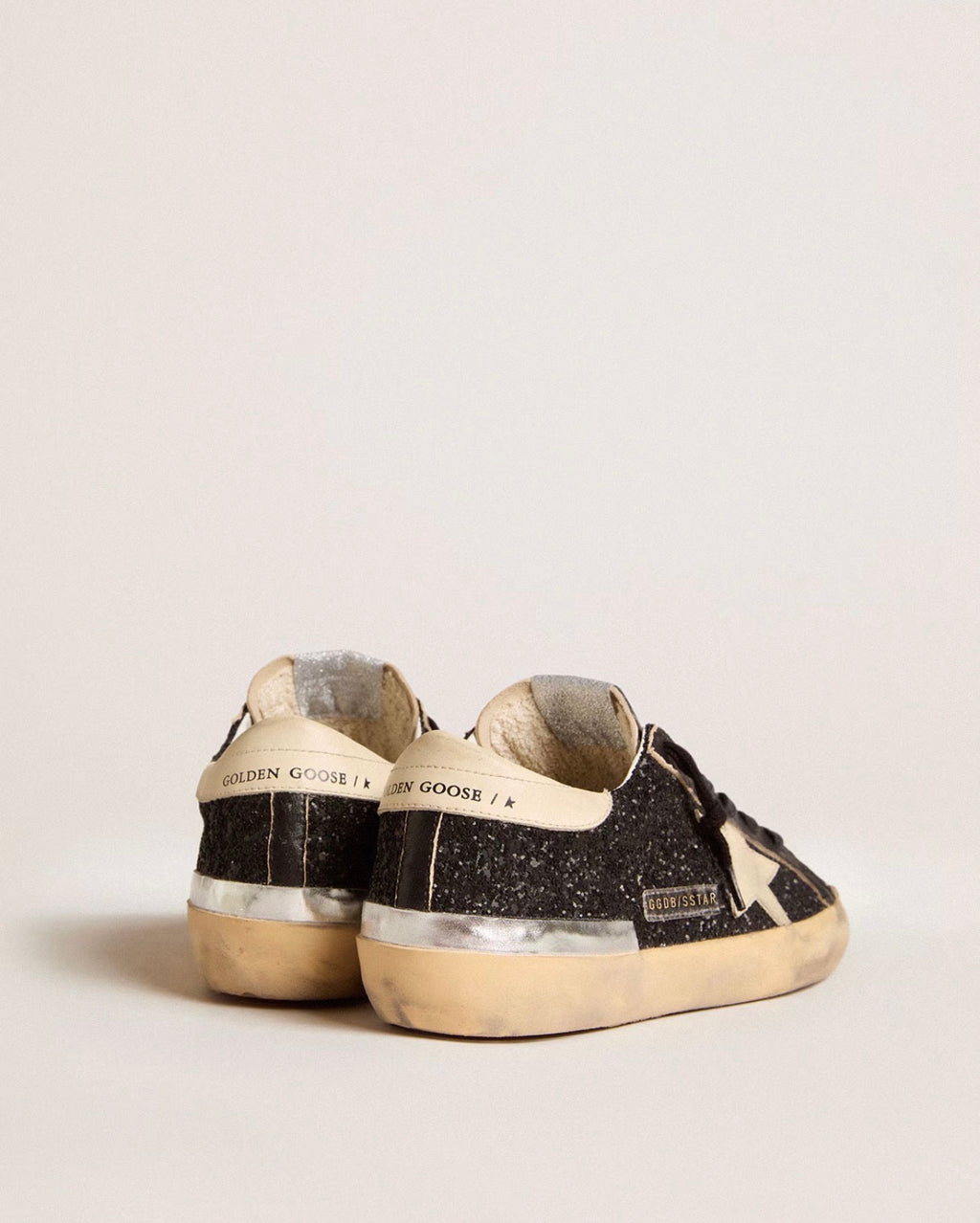 Golden Goose GGDB Women's Super-Star in black glitter and nappa with cream leather star and heel tab