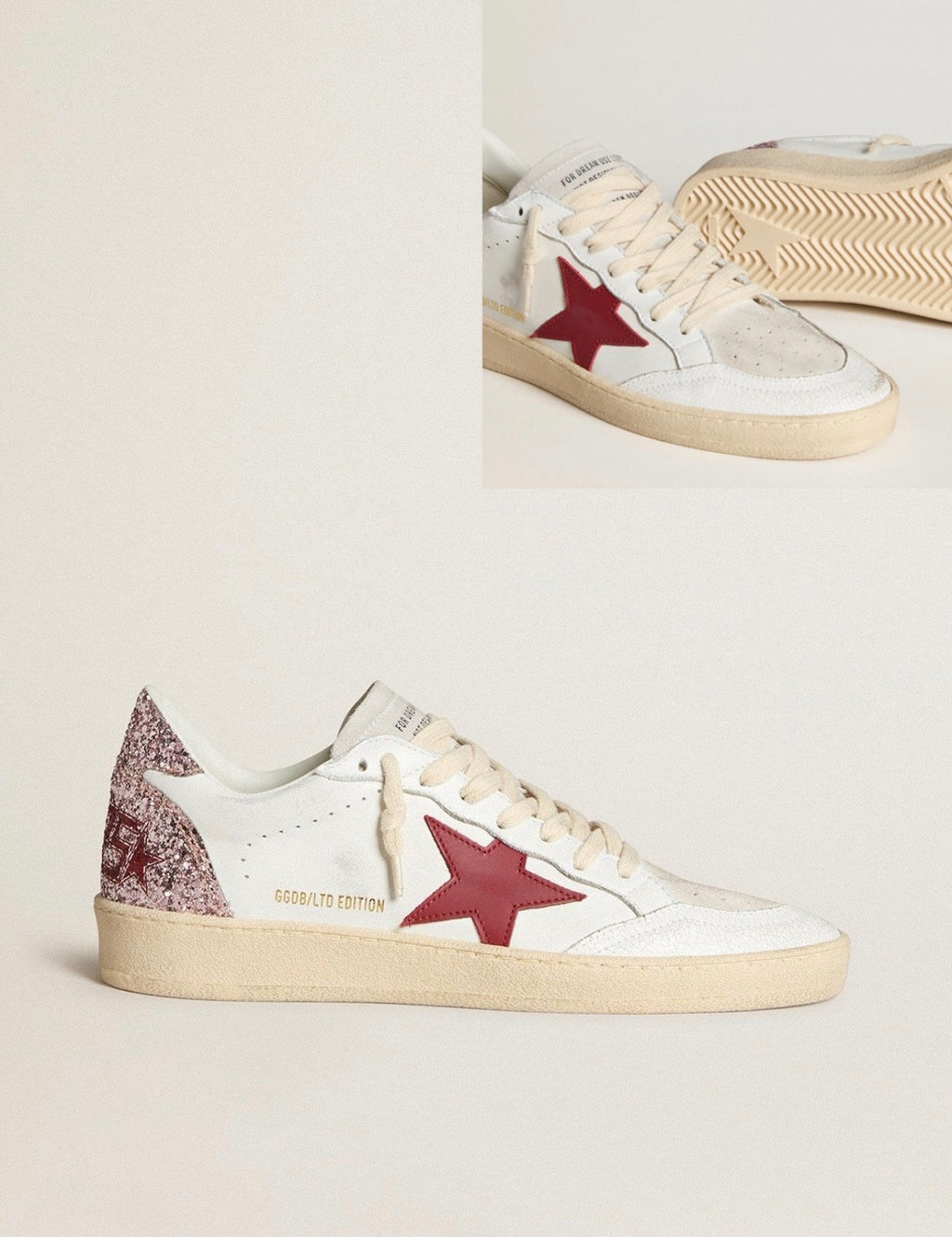 Golden Goose GGDB Women's Ball Star LTD with red leather star and pink glitter heel tab