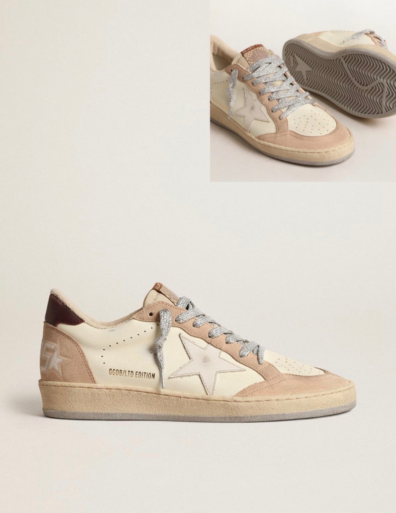 Golden Goose GGDB Women's Ball Star LTD with white star and burgundy leather heel tab